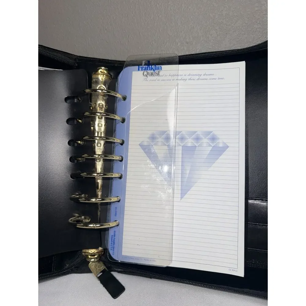 Franklin Covey Binder Planner Black Leather Zip Around W/ Handles & Strap Vtg